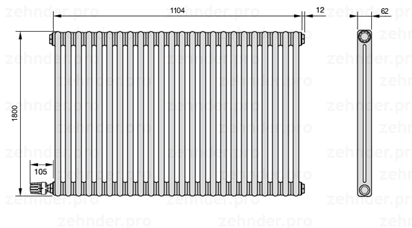 Схема (чертеж) Радиатор Zehnder Charleston 2180/24 №V003 Белый глянцевый RAL 9016